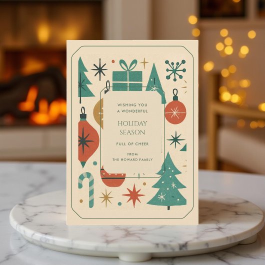 レトログリーンレッドミッドセンチュリーモダンホリデーカード