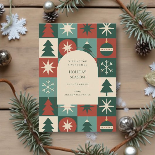 レトログリーンレッドミッド市松模様にモダンホリデーカード