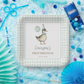 レトログリーンワンラッキーアヒル気球1歳の誕生日 ペーパープレート (パーティー)
