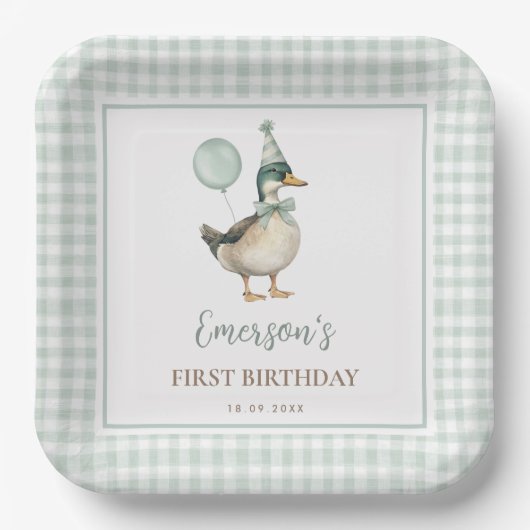 レトログリーンワンラッキーアヒル気球1歳の誕生日 ペーパープレート (正面)