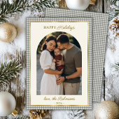 レトログリーン金ゴールドプレイドアーチフォトクリスマスハッピー シーズンカード