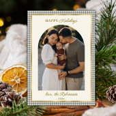 レトログリーン金ゴールドプレイドアーチフォトクリスマスハッピー シーズンカード