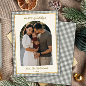 レトログリーン金ゴールドプレイドアーチフォトクリスマスハッピー シーズンカード