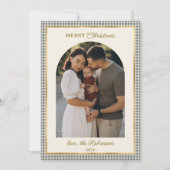 レトログリーン金ゴールドプレイドアーチフォトメリークリスマス シーズンカード (正面)