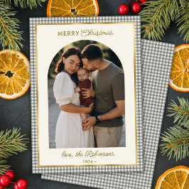 レトログリーン金ゴールドプレイドアーチフォトメリークリスマス シーズンカード