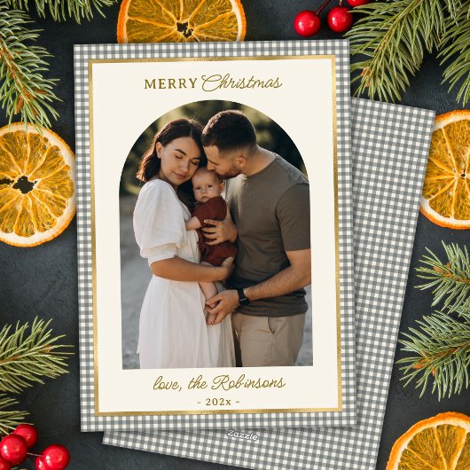 レトログリーン金ゴールドプレイドアーチフォトメリークリスマス シーズンカード