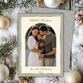 レトログリーン金ゴールドプレイドアーチフォトメリークリスマス シーズンカード