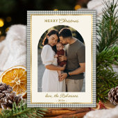 レトログリーン金ゴールドプレイドアーチフォトメリークリスマス シーズンカード