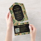 レトログリーン金ゴールド大理石アールデコQRコード結婚ズ オールインワン招待状 (貼ってはがせる)