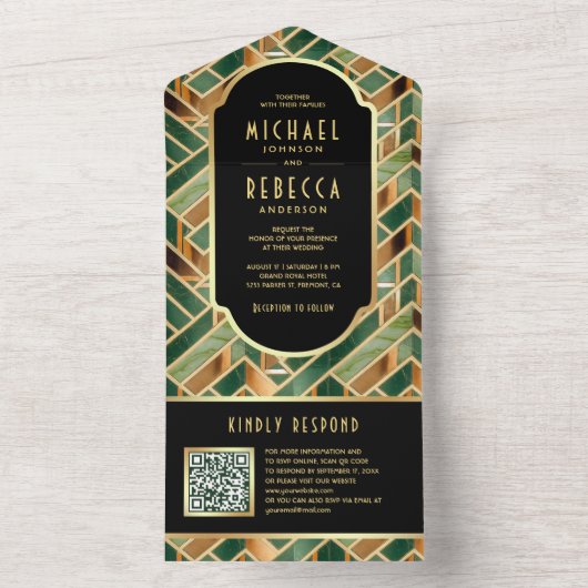 レトログリーン金ゴールド大理石アールデコQRコード結婚ズ オールインワン招待状 (内側)