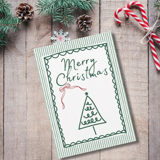 レトログリーン クリスマスツリーと家族写真のカスタムカード カード