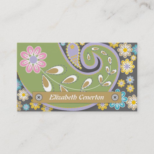レトログリーン、グレーペイズリーモチーフ 名刺 (正面)