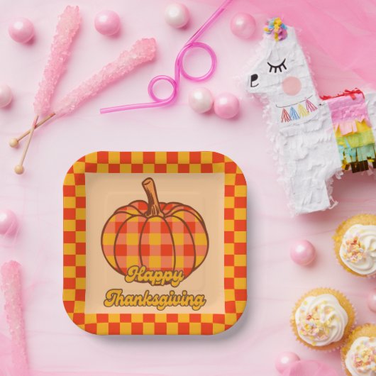 レトログルービプライドかぼちゃ感謝祭市松模様に ペーパープレート (パーティー)
