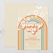 レトログルービワンレインボーブラウンオレンジ誕生日Inv 招待状 (正面/裏面)