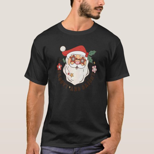 レトログルービーアンドブライトサンタクロースメリークリスマ Tシャツ (正面)