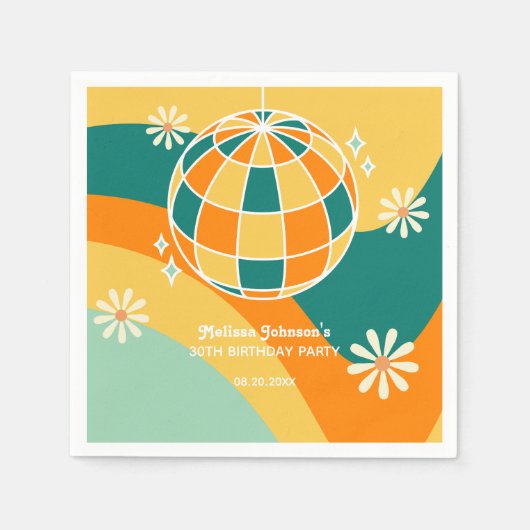 レトログルービーウェーブディスコボールデイジーオレンジ誕生日 スタンダードカクテルナプキン (正面)