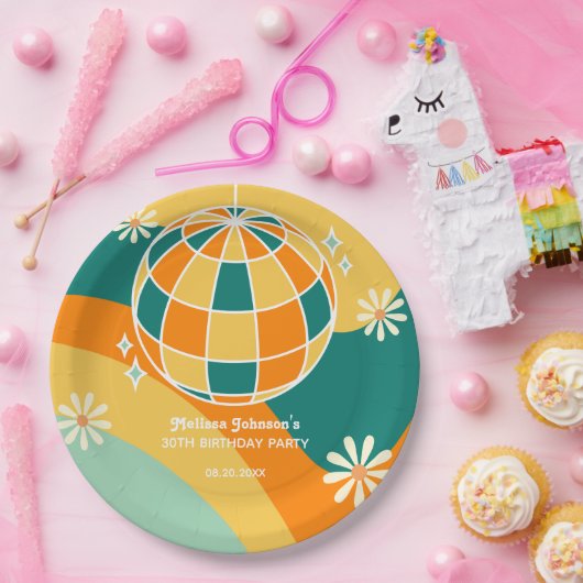 レトログルービーウェーブディスコボールデイジーオレンジ誕生日 ペーパープレート (パーティー)