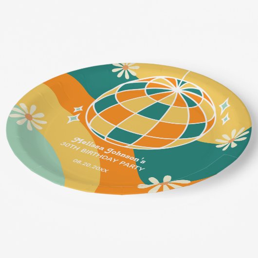レトログルービーウェーブディスコボールデイジーオレンジ誕生日 ペーパープレート (アングル)