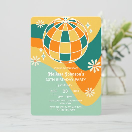レトログルービーウェーブディスコボールデイジーオレンジ誕生日 招待状 (スタンド正面)