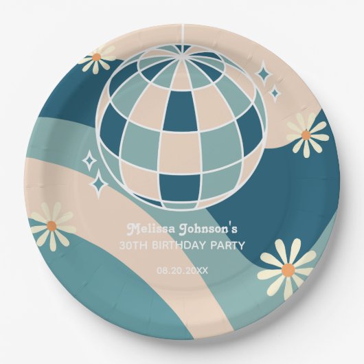 レトログルービーウェーブディスコボールデイジーグリーン誕生日 ペーパープレート (正面)