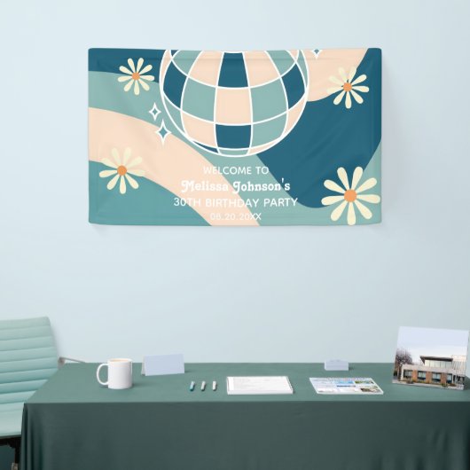 レトログルービーウェーブディスコボールデイジーグリーン誕生日 横断幕 (トレードショー)