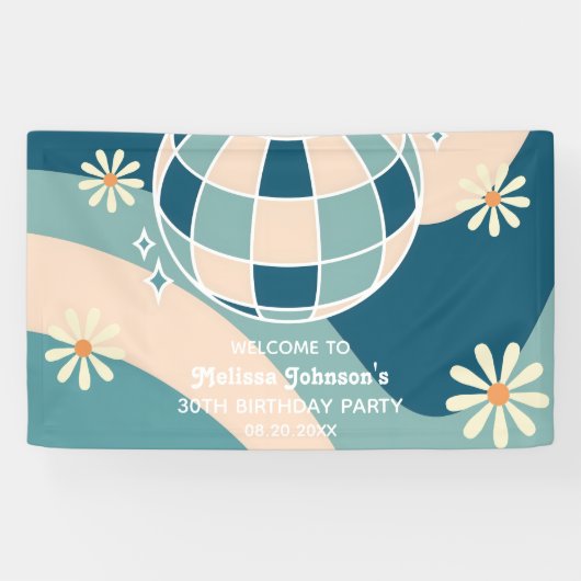 レトログルービーウェーブディスコボールデイジーグリーン誕生日 横断幕 (横)