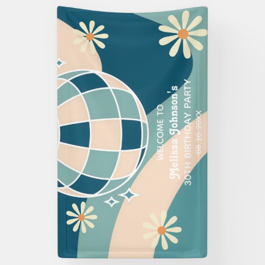 レトログルービーウェーブディスコボールデイジーグリーン誕生日 横断幕 (縦)