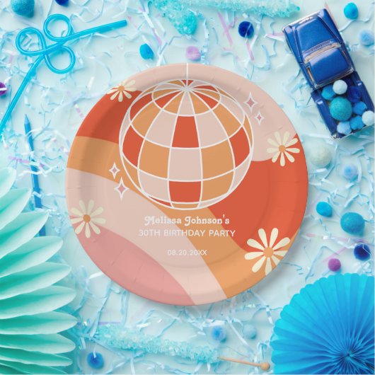 レトログルービーウェーブディスコボールデイジーピンク誕生日 ペーパープレート (パーティー)
