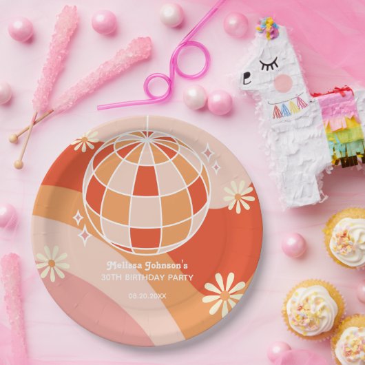 レトログルービーウェーブディスコボールデイジーピンク誕生日 ペーパープレート (パーティー)