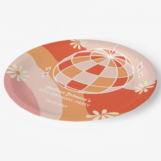 レトログルービーウェーブディスコボールデイジーピンク誕生日 ペーパープレート (アングル)