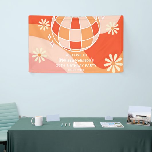 レトログルービーウェーブディスコボールデイジーピンク誕生日 横断幕 (トレードショー)