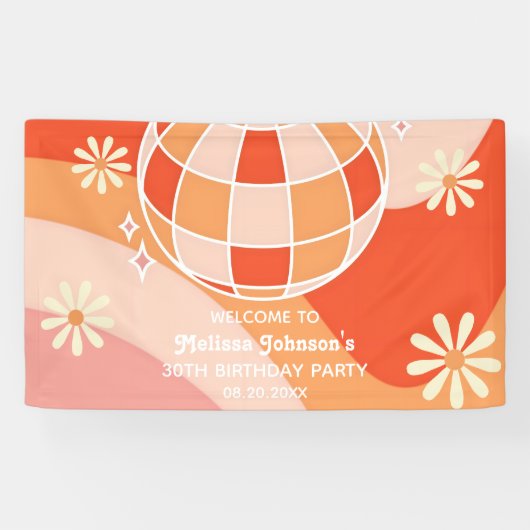 レトログルービーウェーブディスコボールデイジーピンク誕生日 横断幕 (横)