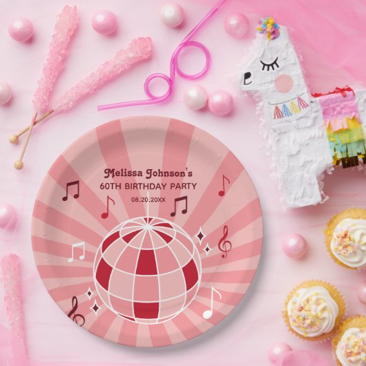 レトログルービーウェーブディスコボールミュージカルピンク誕生日 ペーパープレート (パーティー)