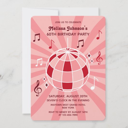 レトログルービーウェーブディスコボールミュージカルピンク誕生日 招待状 (正面)