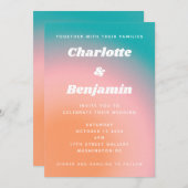 レトログルービーティール(緑がかった色)ピンクオレンジ結婚抽象芸術 招待状 (正面/裏面)