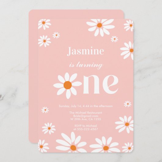 レトログルービーデイジーウォーム花模様1st誕生日 招待状 (正面/裏面)