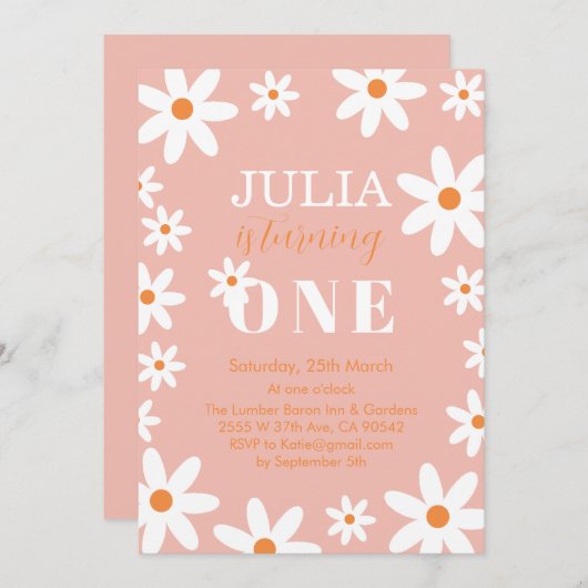 レトログルービーデイジーボホガール1st誕生日パーティー 招待状 (正面/裏面)