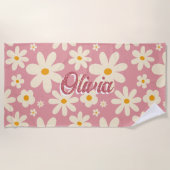 レトログルービーデイジーボホ砂漠パーソナライズされたピンク ビーチタオル (正面)
