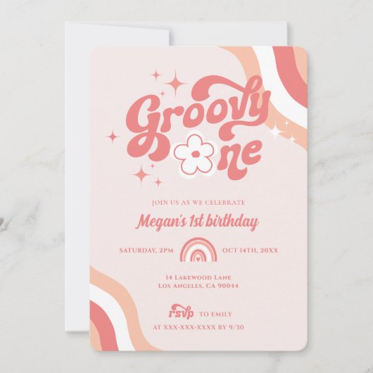 レトログルービーワンウェーブガール1st誕生日招待状 招待状 (正面)