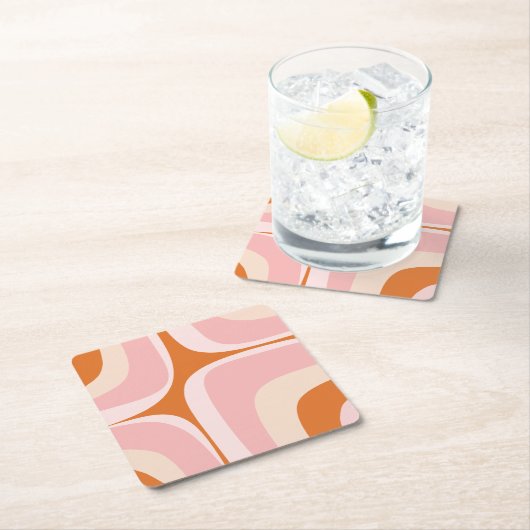 レトログルーブピンクとオレンジの抽象芸術パターン スクエアペーパーコースター (インサイチュ)