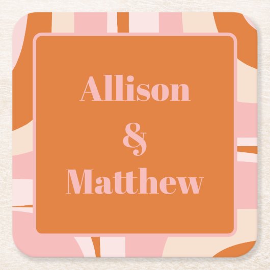 レトログルーブモダンミニマリストピンクとオレンジ スクエアペーパーコースター (正面)