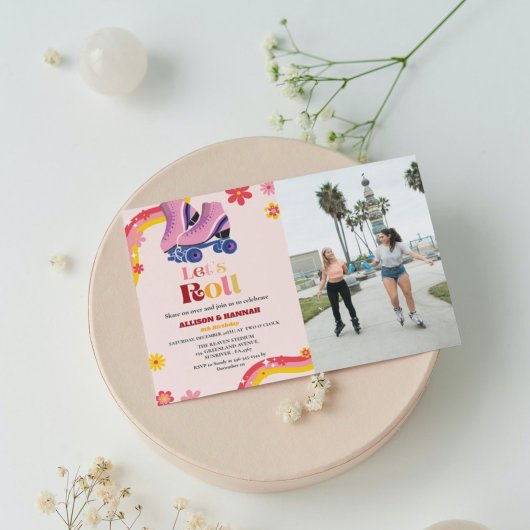 レトログルーヴィアイススケートで滑るツイン誕生日レッツ 案内状