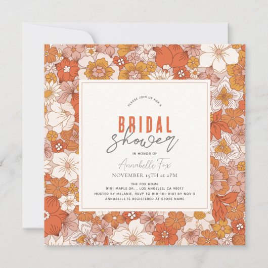 レトログルーヴィオレンジフローラブライダルシャワー 招待状 (正面)