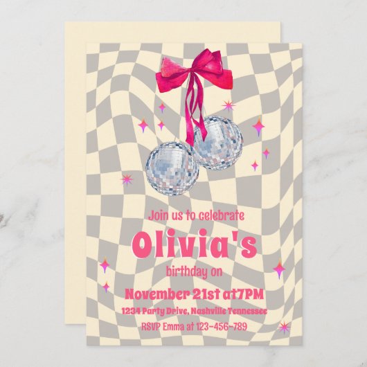 レトログルーヴィコケットボウディスコボール誕生日 招待状 (正面/裏面)