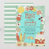 レトログルーヴィスタイリッシュビーチまたはプール誕生日パーティー 招待状 (正面/裏面)