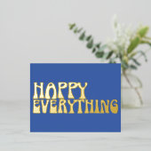 レトログルーヴィタイポグラフィハッピーオールブルー金ゴールド 箔シーズンポストカード (立ち正面)