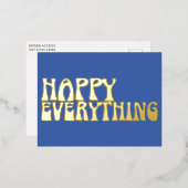 レトログルーヴィタイポグラフィハッピーオールブルー金ゴールド 箔シーズンポストカード (正面/裏面)