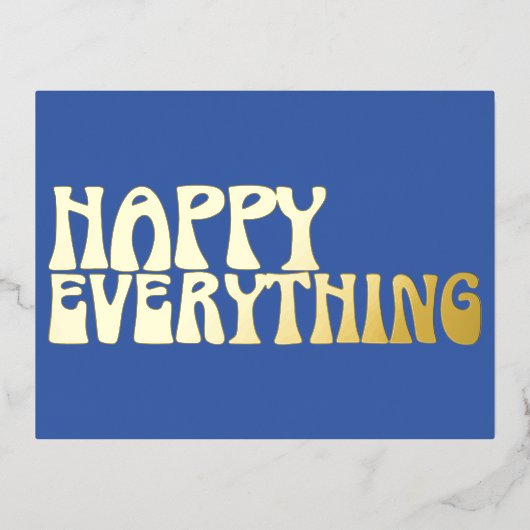 レトログルーヴィタイポグラフィハッピーオールブルー金ゴールド 箔シーズンポストカード (正面)