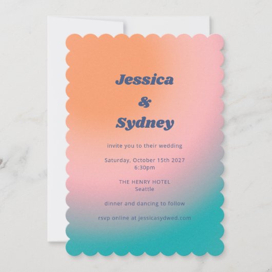 レトログルーヴィターコイズピンクオユニークレンジ結婚ズ 招待状 (正面)