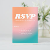 レトログルーヴィティール（緑がかった色）ピンクコーラル抽象芸術結婚ズ 出欠カード (スタンド正面)